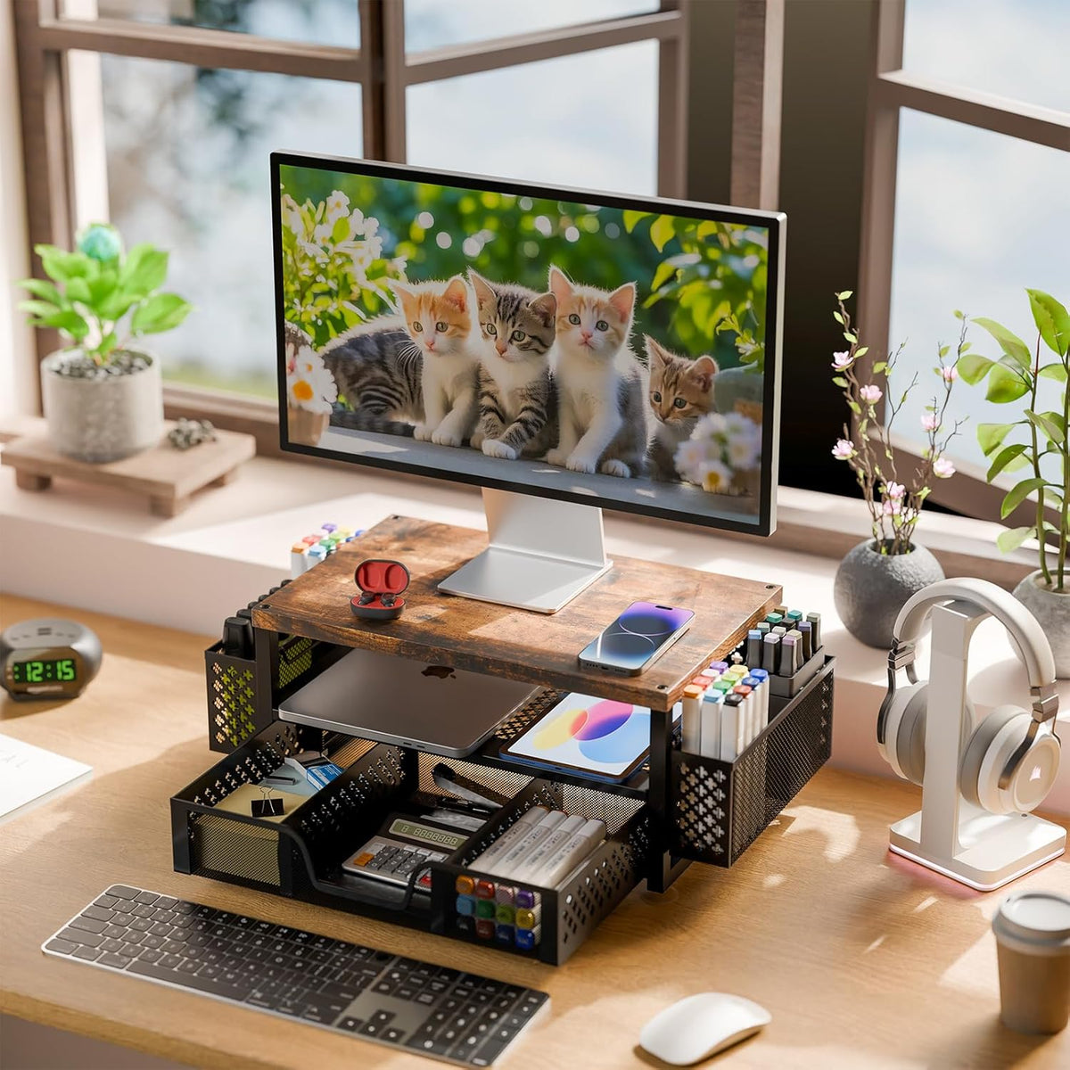 2 2-Tier Simple Trending Desk Organizers and Accessories, Computer Monitor Stand Riser with Drawer and Pen Holders