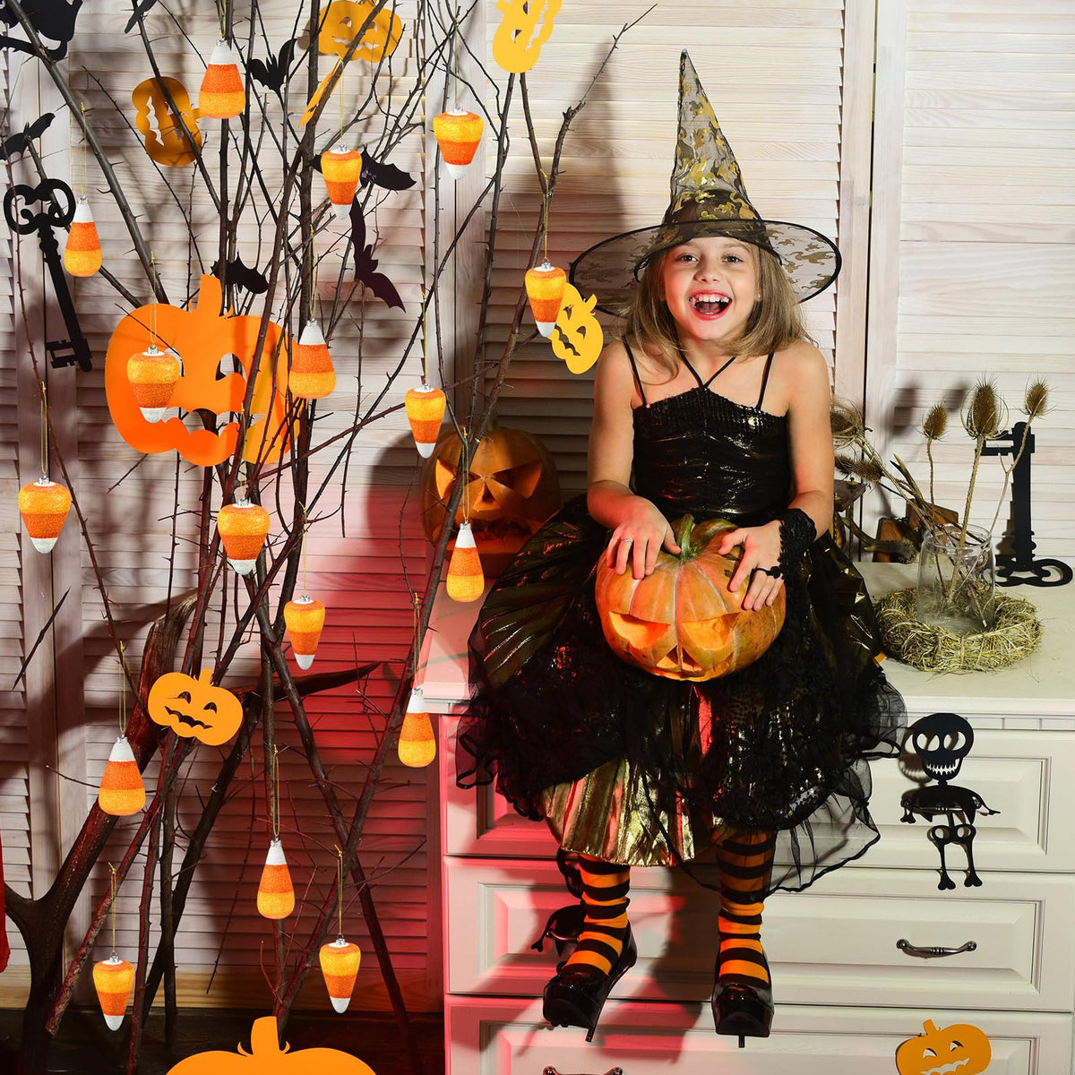 12 Pcs Halloween 3D Glitter Candy Corn Ornaments Large Halloween Candy Corn Hanging Pendant with Ropes Mini Tree Decorations for Halloween Christmas Holiday Garland Candy Party(Candy Style)
