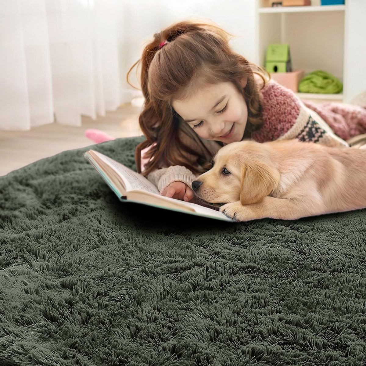 OLANLY Olive Green Round Rug - Soft, Machine Washable 2 ft Shaggy Area Carpet for Bedroom & Nursery Decor