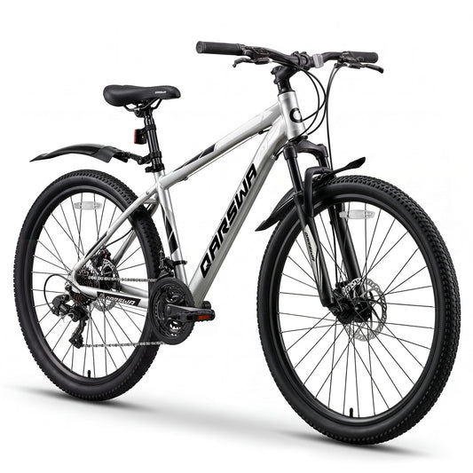 QARSWA 27.5 Inch Mountain Bike for Men and Women, Lightweight Aluminum Frame MTB with Dual Disc Brakes & 21-Speed Trigger Shifter, Comfort Foam Seat Adult Bicycle for Trail & Outdoor Riding,Silver