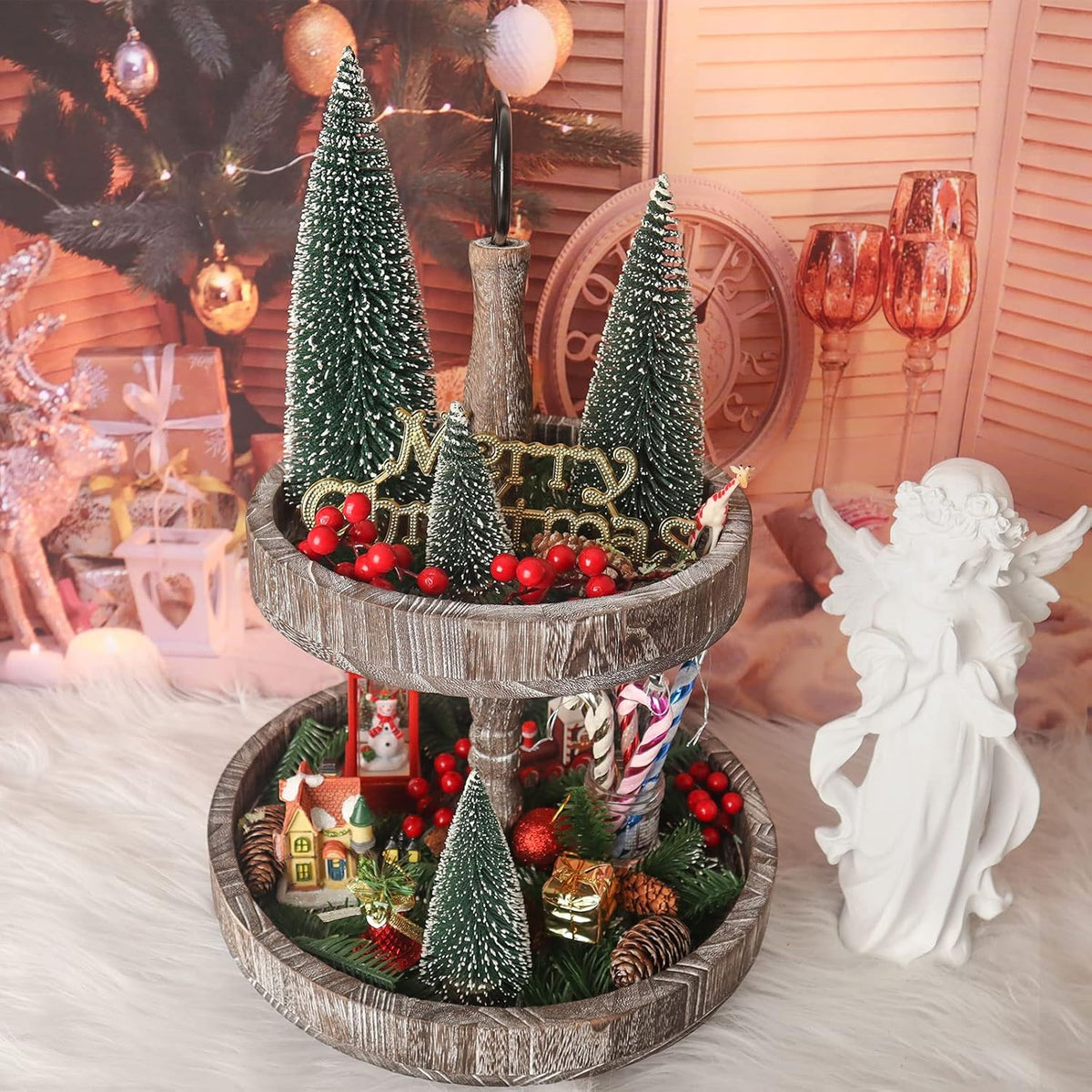 Skiennix Mini Christmas Tree - Small Pine Tabletop Decor with Wooden Bases | Green (Set of 4)