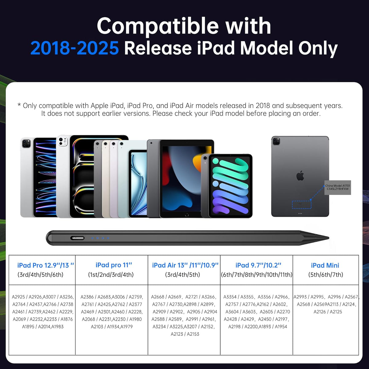 Cordv (2018-2026) 11/10/9/8/7/6th 13"/12.9"/11"/M4, 7/6/5/4/3/M3/M2, 6/5th Stylus Pen for iPad Apple Pencil with Palm