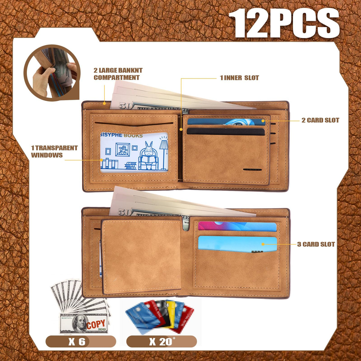 Dansydaisy 12 Pcs Leather Photo Wallet for Dad Fathers Day Blank Wallets Bulk for Men Fold PU for DIY Birthday Gift(Brown)