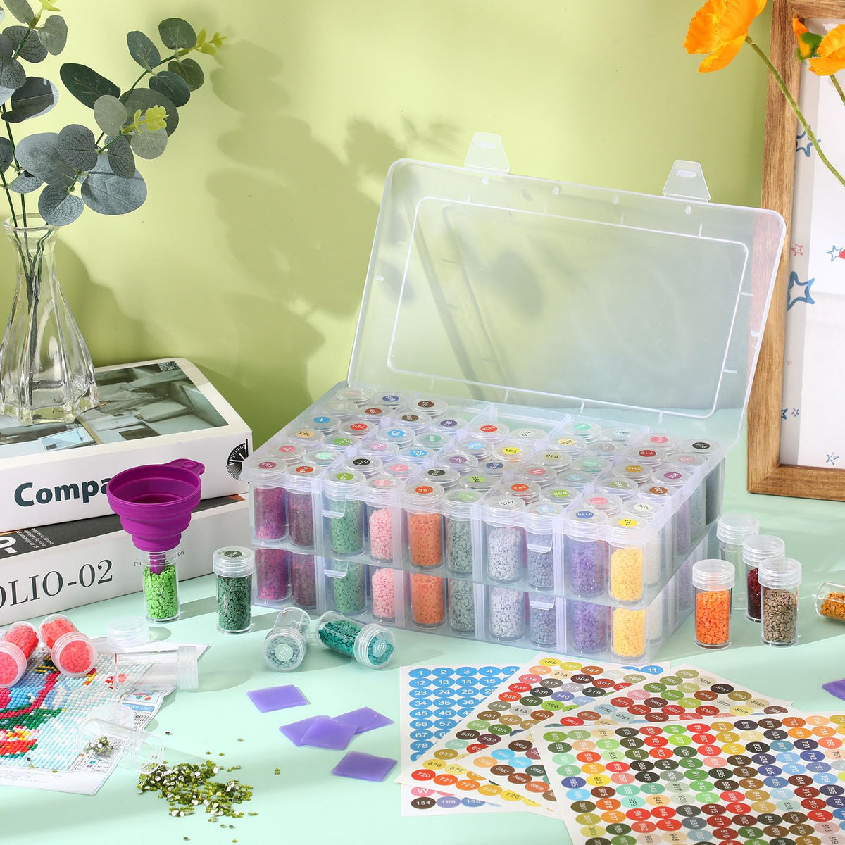 Willinglong 2 Pack Diamond Art Storage Containers Set, Grids Bead Organizer Box with Diamond Painting Accessories Labels for Jewelry Art DIY Dot Craft Bead Storage