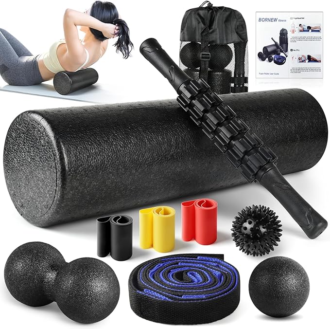 7 in1 Foam Roller Set for Deep Tissue Muscle Massager - High Density Back Roller, Muscle Roller Stick, Resistance Bands, Foot Massage Ball, Stretching Strap for Exercise, Whole Body Physical Therapy