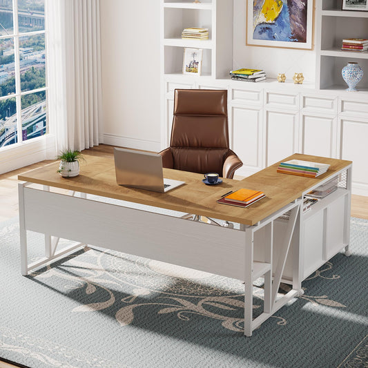 Tribesigns L Shaped Desk with Drawer Cabinet, 63" Executive Computer Desk and lateral File Cabinet, 2 Piece Home Office Furniture with Drawers for Hanging, Doors with Locks (Light Walnut, 63 inches)