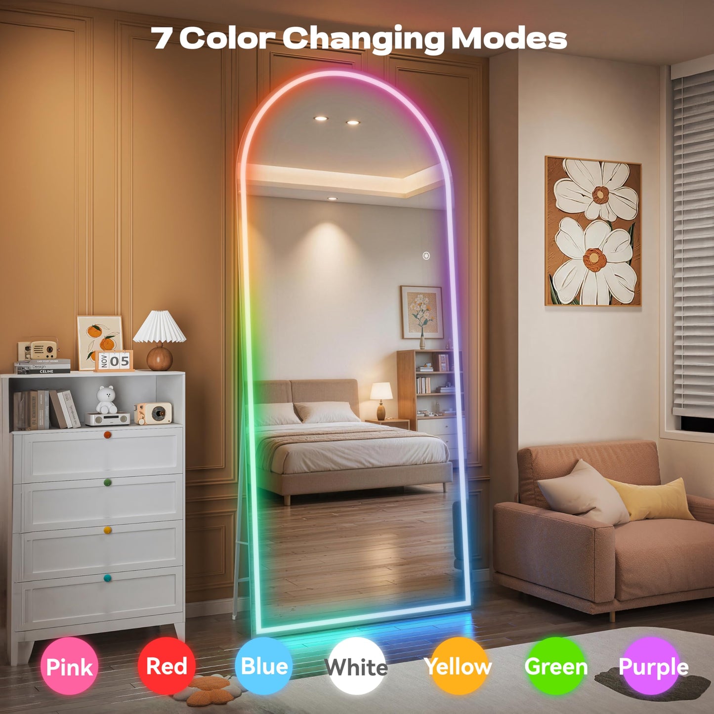 Hasipu Arch Full Length Mirror 75 x 28 in with Stand — Arch LED RGB Full Body Mirror, 7 Lighting Modes, Dimmable, Built‑in Bluetooth Speaker, White Frame for Bedroom Dressing Room