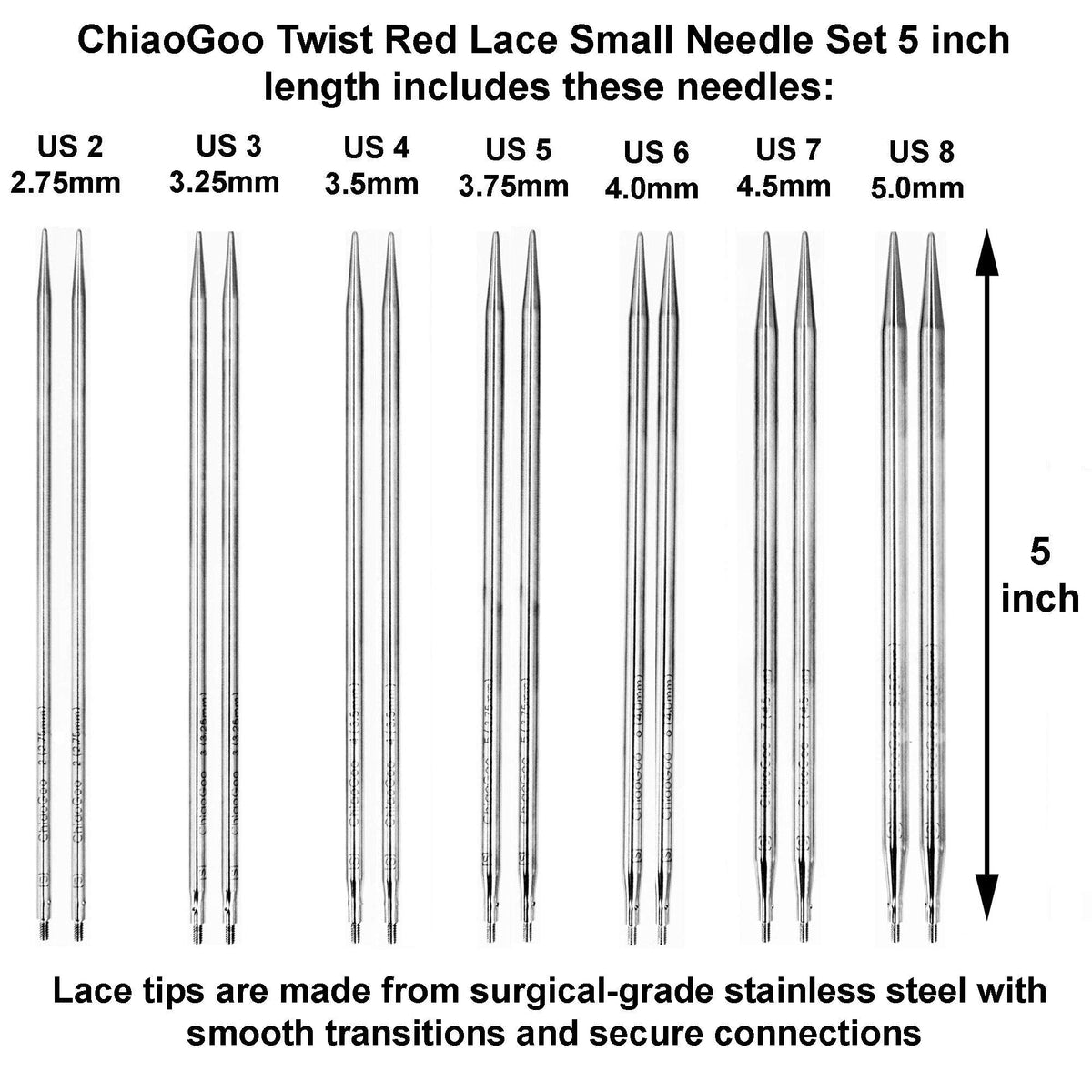 ChiaoGoo Twist Red Lace 5-Inch Small 7500-S Interchangeable Circular Knitting Needle Set, Sizes US 2, 3, 4, 5, 6, 7, 8, Stainless Steel with 3 Cords with Project Bag
