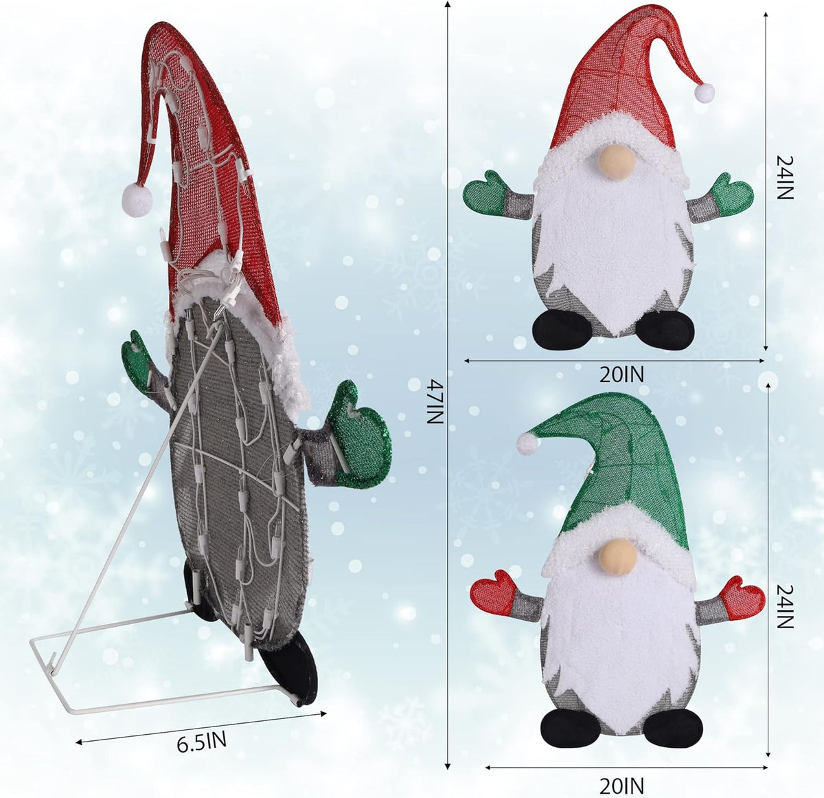 Waterglide Lighted Christmas Tinsel Gnomes - 24 Inch Pre-Lit 2D Stacked Gnome Decorations for Indoor/Outdoor Holiday Decor