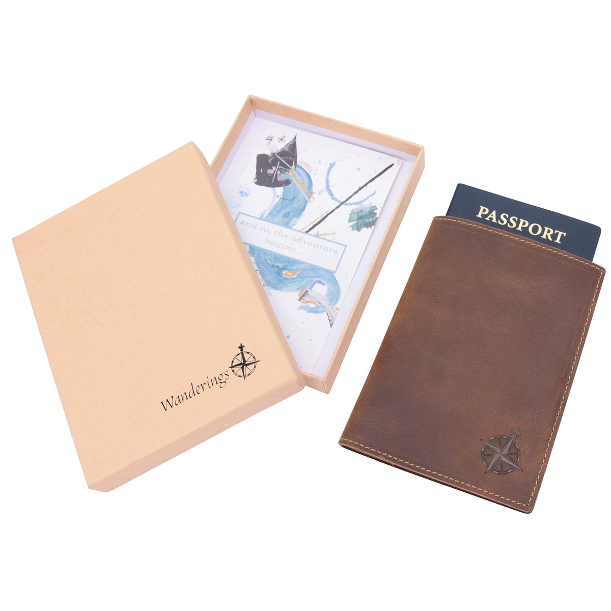 WANDERINGS Leather Travel Wallet with Passport Holder - 5.5" x 4" - Genuine Leather Case with RFID Blocking for Men and Women - Folding Wallet for Passports