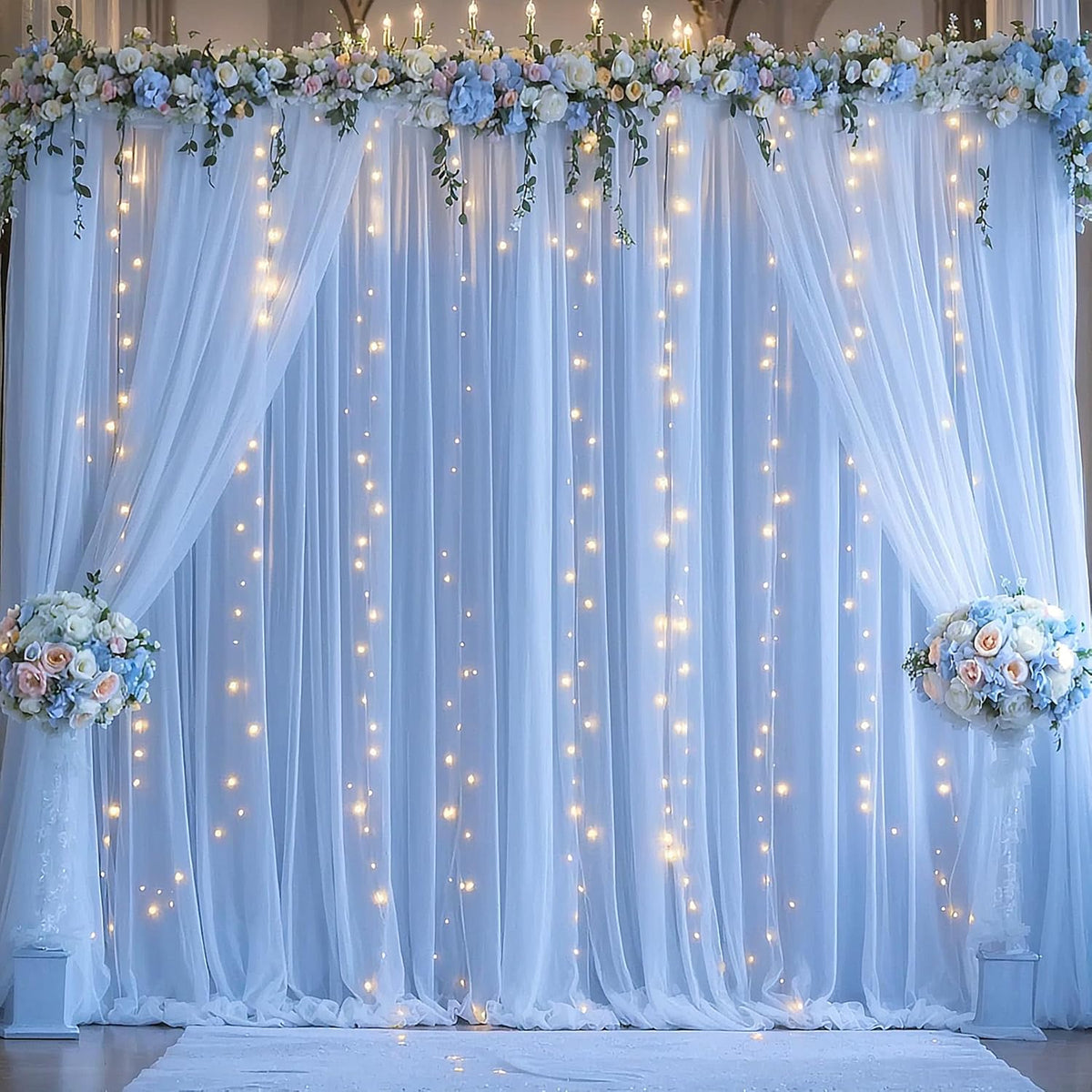 Suppromo 2 510ft Baby Blue Backdrop Curtains with Lights String for Baby Shower Parties Panels Sheer Tulle Backdrop