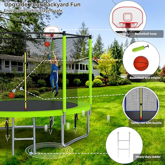Upgraded 16FT 15FT 14FT 12FT 10FT 8FT Trampoline Outdoor with Basketball Hoop and Net, Capacity for 4-6 Kids and Adults
