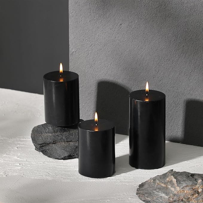 3x6 Inch Black Pillar Candles Set of 3 - Decorative Unscented Pillar Candle, Long Burning Dripless Candle for Home Table Decor, Smokeless Large Pillar Candles for Wedding, Dinner, Halloween Decor