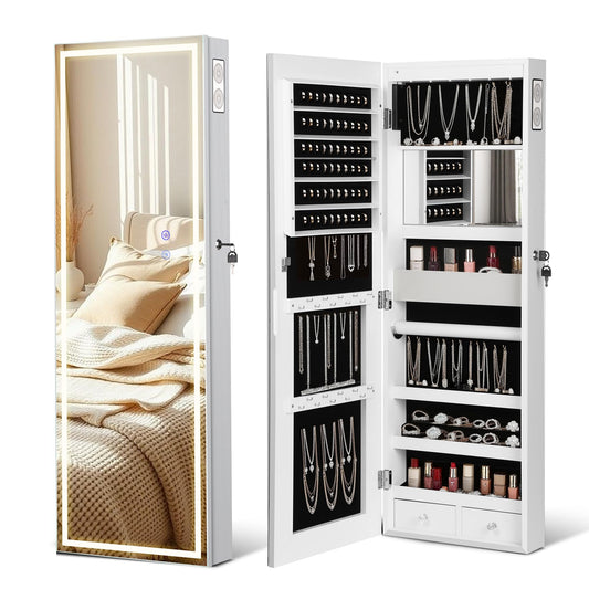 Ntufrest LED Mirror Jewelry Cabinet with Bluetooth Speaker ，Door/Wall Mounted,Equipped with Three Color Light Strips,Full-Length Illuminated Mirror,Jewelry Storage Function