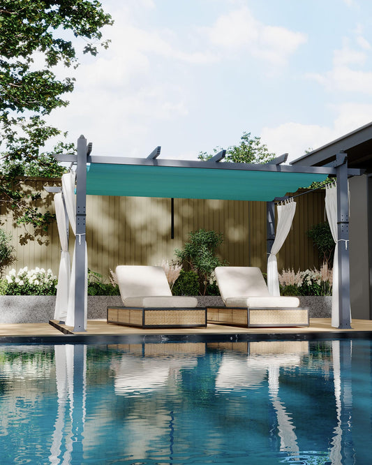 KYBOLT 10x13 Ft Outdoor Pergola with Retractable Canopy & Side Mesh Screen Patio Gazebo for Garden Backyard Deck Grape Trellis(Blue+White)