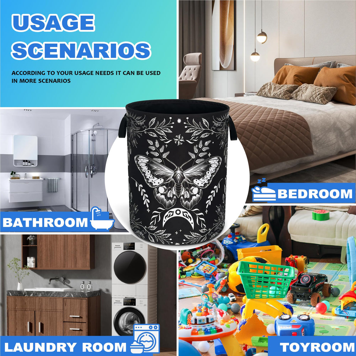Moth Laundry Basket Oxford Cloth Funny Butterfly Laundry Hamper With Handle Foldable Portable Clothes Storage Basket 18.9 X 16.5 In Storage Bag For Laundry Room/Bathroom/Bedroom/Dormitories