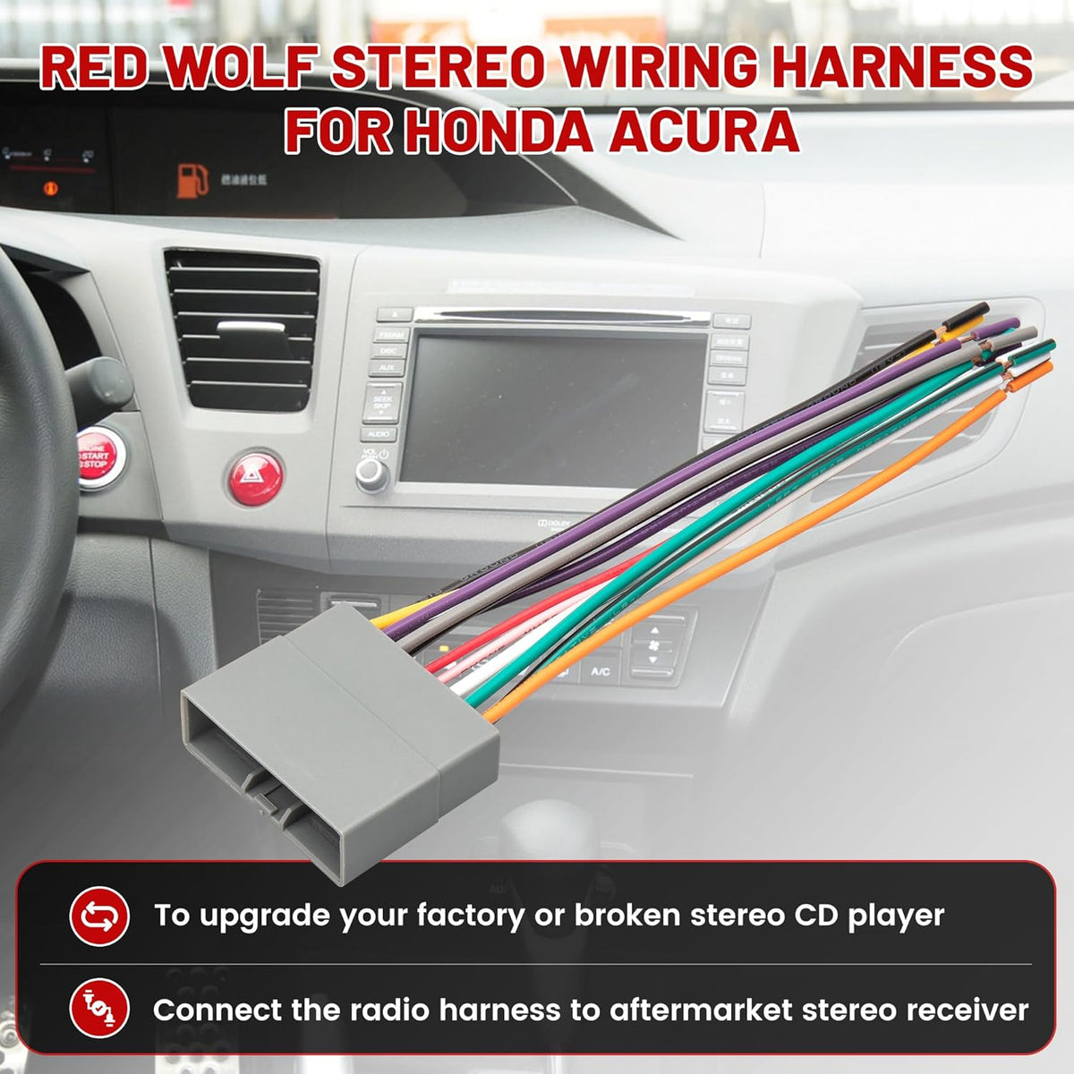 2007-2011 1989-2015 RED WOLF Radio Wiring Harness Compatible with Honda Civic CR-V Odyssey Pilot Acura RDX NSX RL TL