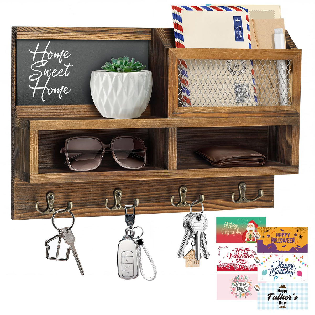 HOMEBROS Key Holder Wall Mount, Wooden Mail and Key Organizer with Chalkboard and Mirror, 3 Greeting Cards, 8 Hooks, Brown, Type 1