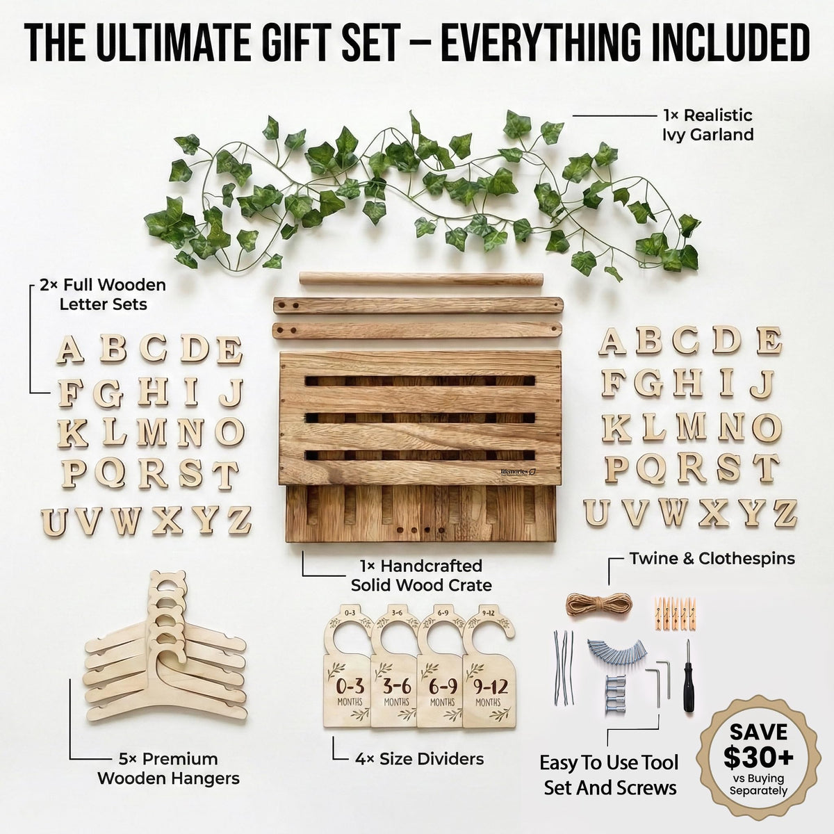 Lifemories Wooden Baby Shower Crate Closet & Basket with Hanger Rack - Customizable Gift Basket with 2x Alphabet Letter Sets, Hangers, Dividers, Ivy Garland,Nursery Decor Girls Boys(Rustic Burnt Wood)