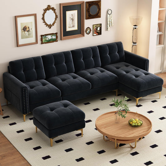 P PURLOVE Velvet Modern Large Sectional Sofa, U Shape Upholstered Couch with Chaise, Convertible Sofa Couch with Movable Ottoman for Living Room Apartment (Black)