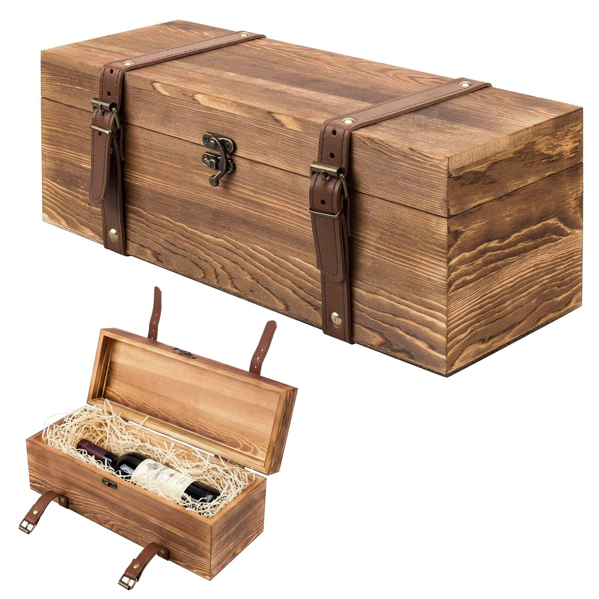 MyGift Wooden Wine Gift Box, Whiskey Box with Locking Latch & Leather Straps, for Christmas, Wedding Champagne, Beer,Vintage Rustic Brown, 14x5x5 Inches