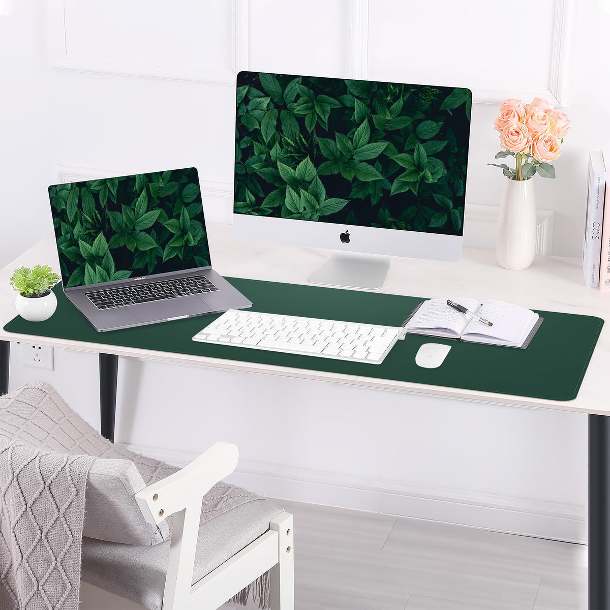 Leather Desk pad Protector, Large Desk mat with Natural Cork & PU Leather,Large Mouse pad, Office Desk Mat,Waterproof Desk Writing Pad for Office and Home (47in*17in, Dark Green)