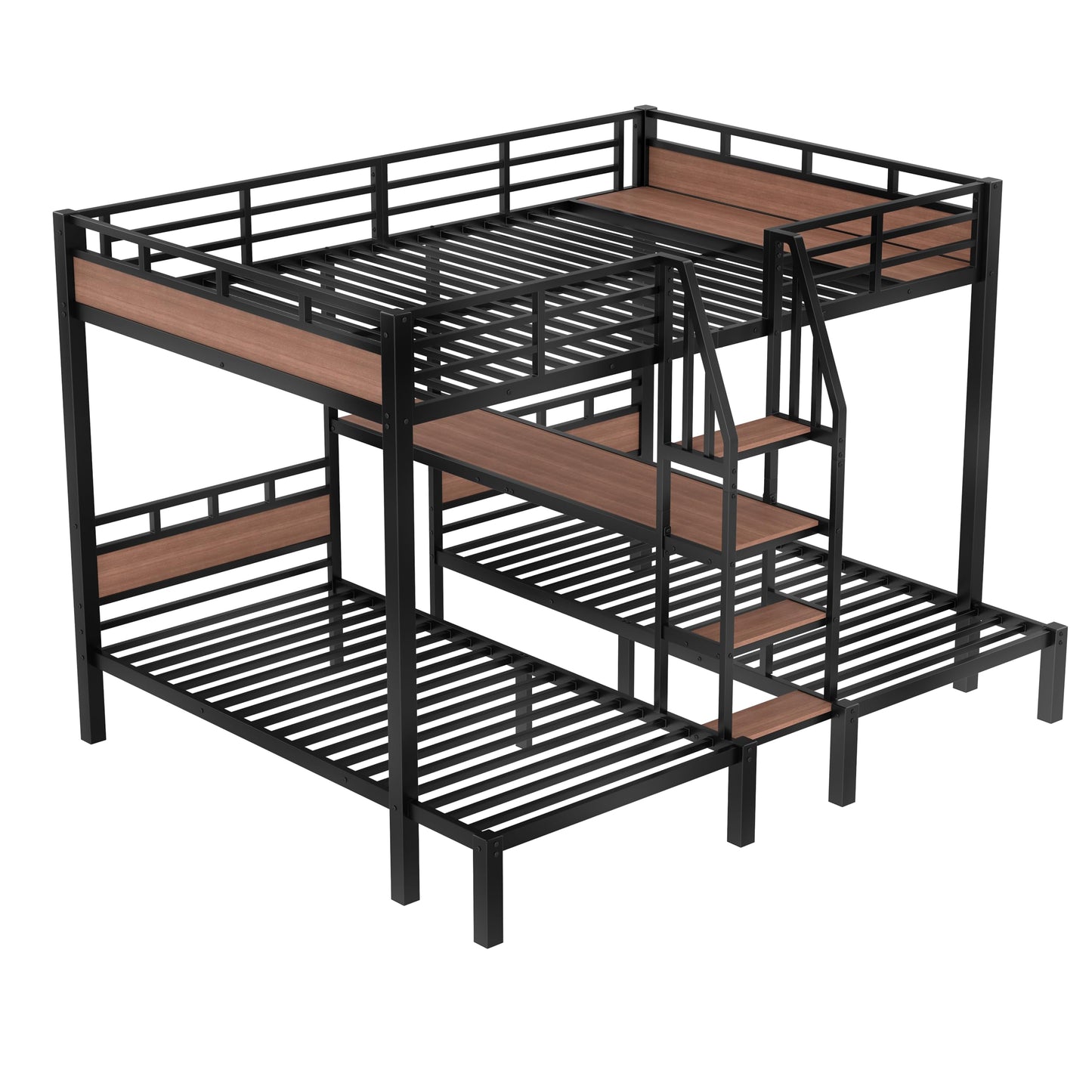 Bellemave Queen Over Twin Over Twin Bunk Beds for 3 Kids,Metal Heavy Duty Triple Bunk Bed Frame with Stairs and Storage Shelf,3 Bed Bunk Beds,Twin Size Triple Bed,Black