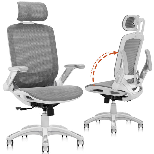 GABRYLLY Ergonomic Office Chair, High Back Home Desk Chair with Headrest, Flip-Up Arms, 90-120° Tilt Lock and Wide Cushion, 300LBS Mesh Chairs for Man Woman, White Task Chair(Dark Grey,GY01WDG)