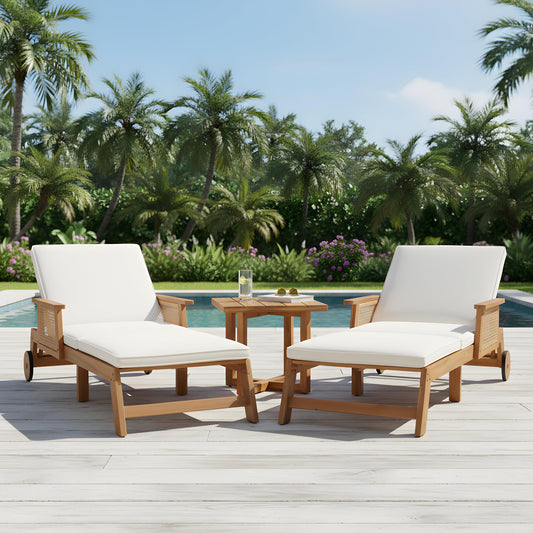Christopher Knight Home 3-Piece Outdoor Chaise Lounge Chair Set of 2 with Side Table, Acacia Wood Patio Lounge Chairs with Cushion & Wheels, 3-Position Adjustable Beach Backyard Furniture, Beige/Teak