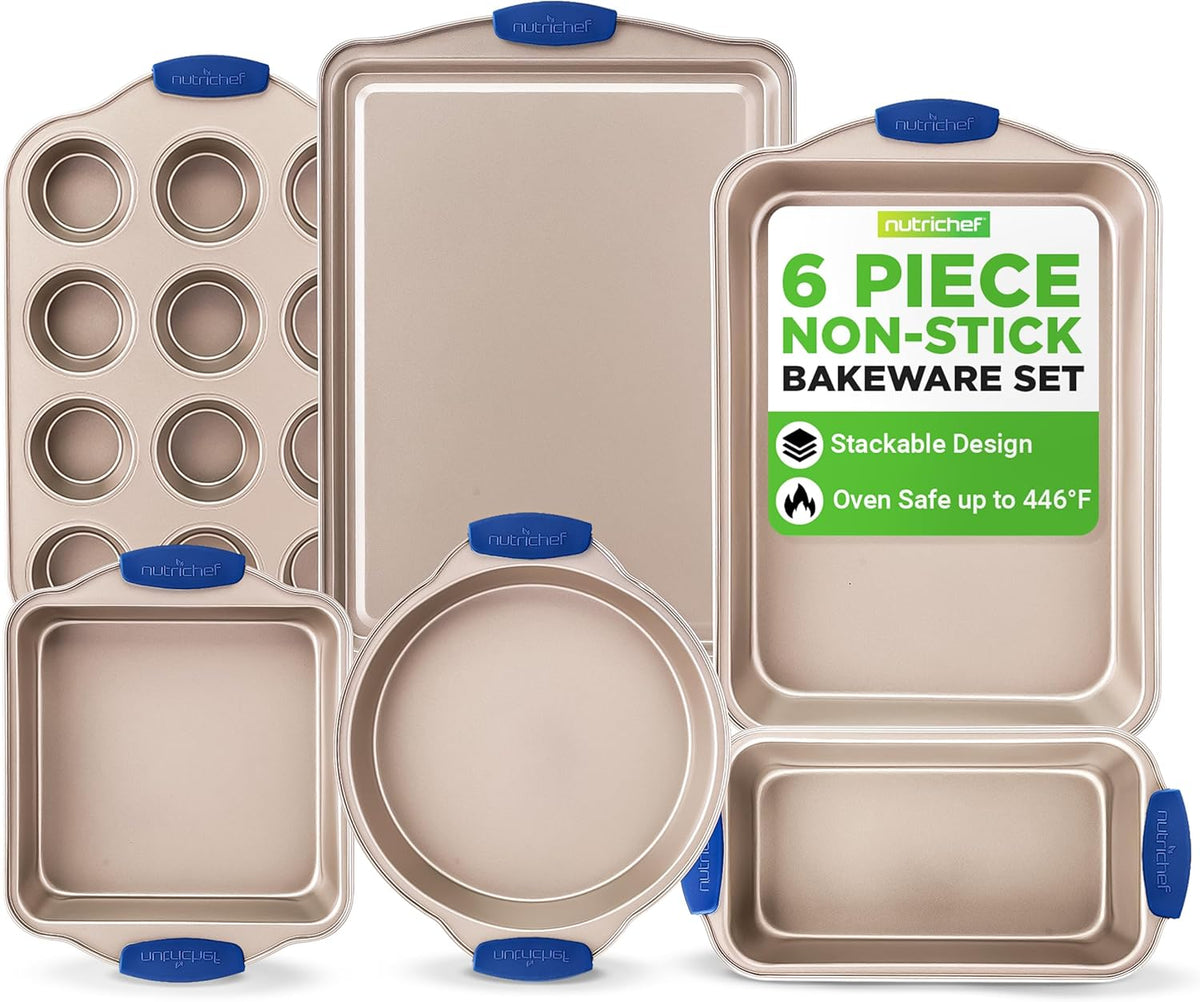 NutriChef 6-Piece Nonstick Bakeware Set | Premium Carbon Steel Baking Trays with Silicone Handles - Includes Loaf Pan, Muffin Pan, Round & Square Roasters, Cookie Sheet