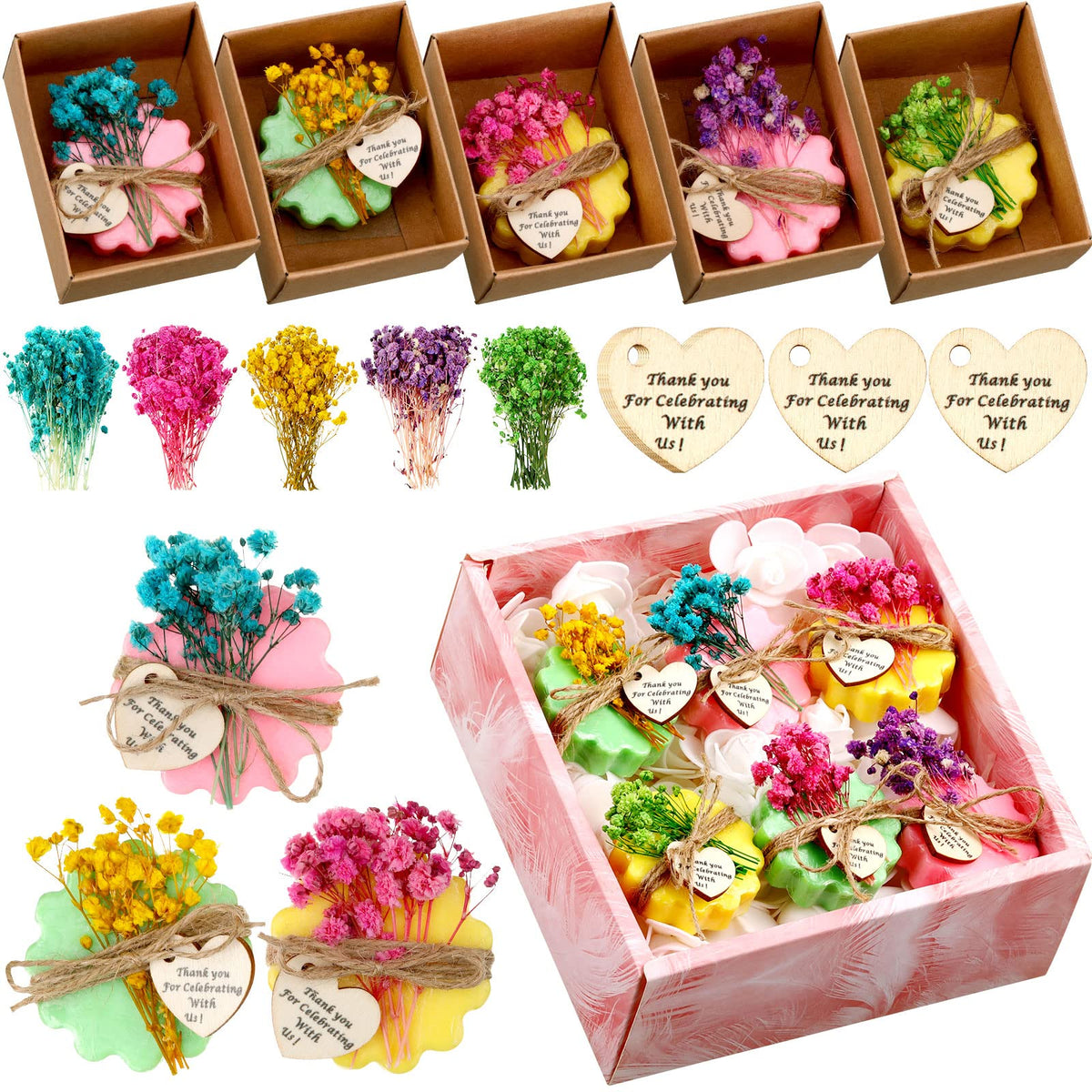 Kigeli Set of 45 Soap Favors DIY Bridal Shower Favors Bulk Wedding Soap Gifts Baby Shower Scented Soap Favors Natural Handmade Soap Bars for Wedding Bridal Shower (Green, Yellow, Red, Flower)