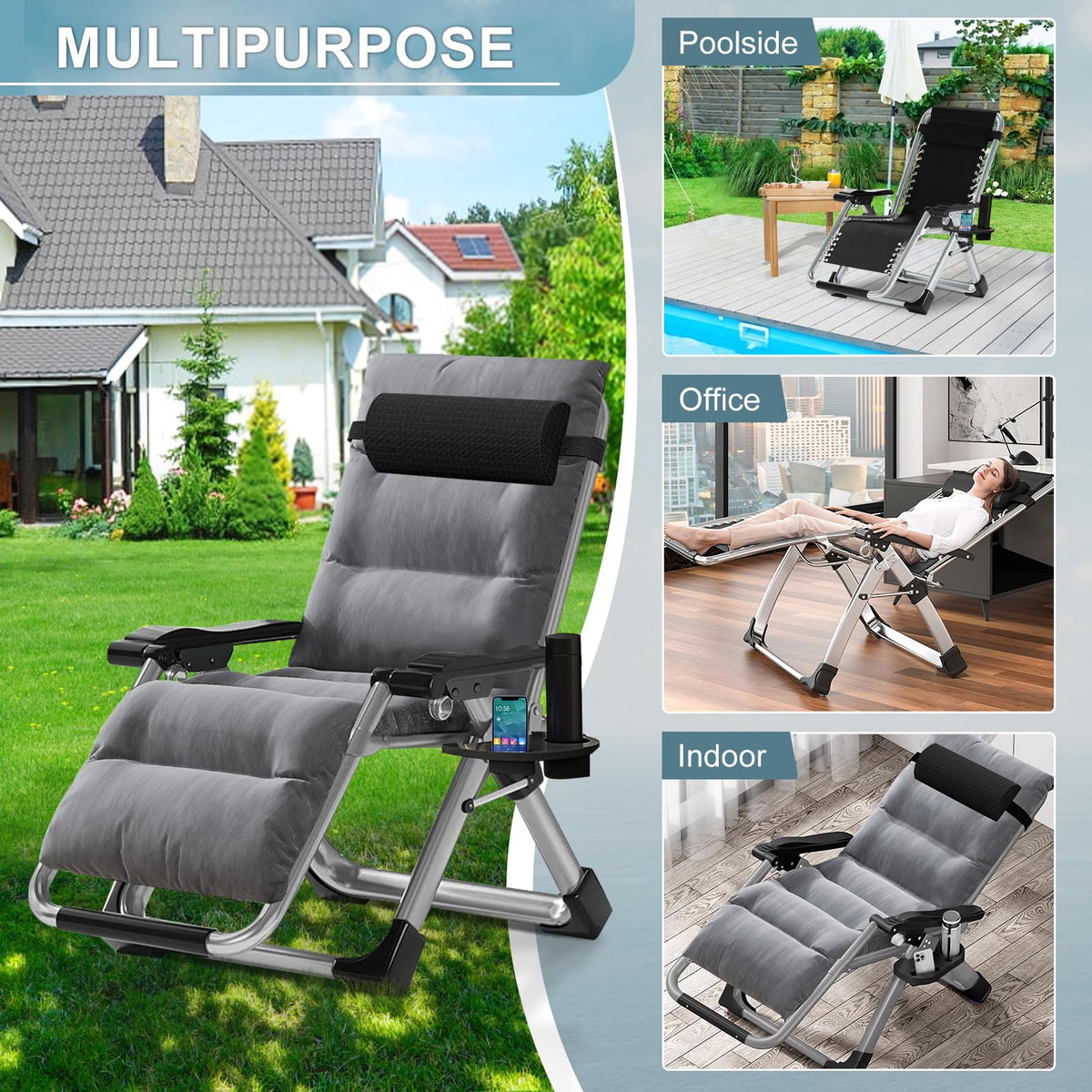 ABORON 2 Pack Zero Gravity Chair, Outdoor Lounge Chairs Sun Loungers with Removable Cushion,Headrest,Cup Holder,Reclining Patio Lounger Chair for Indoor and Outdoor
