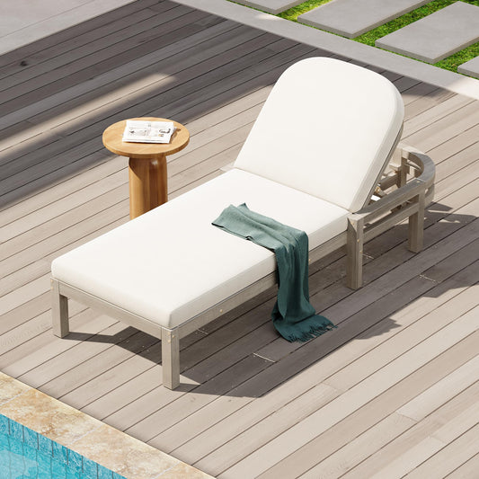 Merax Outdoor Chaise Lounge,Premium Acacia Wood Patio Recliner with Arched Backrest,5-Position Adjustable Backrest,Thick Cushion,Outdoor Lounge Chair for Poolside,Backyard,Deck & Lawn,Gray