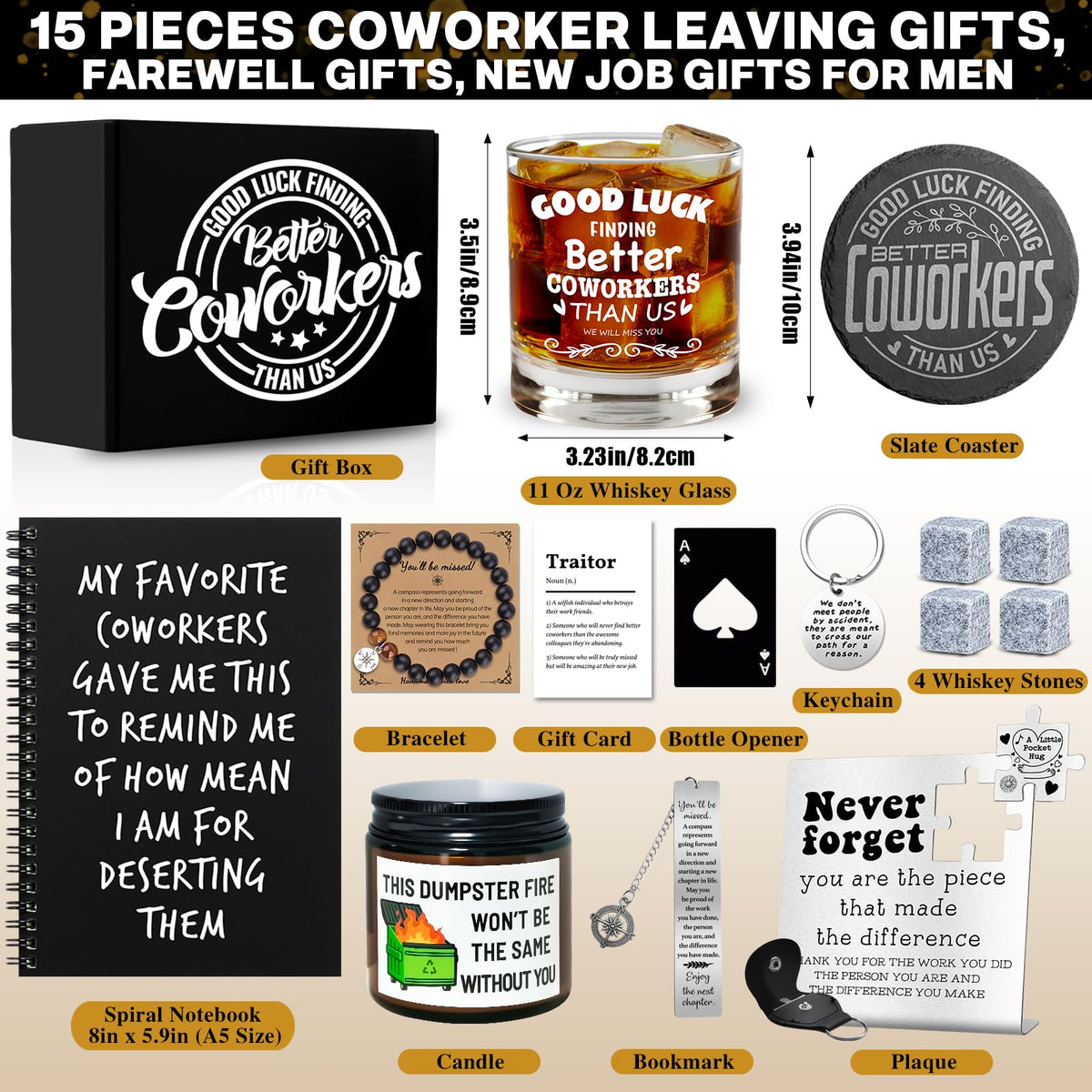 15 Pcs Coworker Leaving Gifts, Farewell Gifts, Going Away Gift with 11 Oz Whiskey Glass 4 Whiskey Stones Coaster Plaque Notebook Candle Bracelet, New Job, Good Luck Gift for Coworker Boss Friends Men
