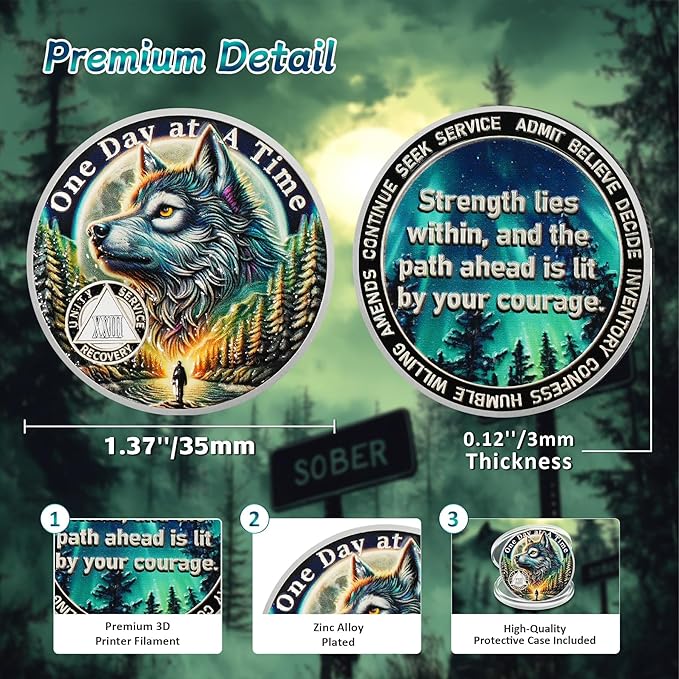 One Day at a Time 23 Year Sobriety Coin - Recovery Aurora Forest Wolf AA Coins - Addiction NA AA Chips and Medallions - Celebrate 1-30 Living Clean Narcotics Alcoholics Anonymous Gifts for Men Women
