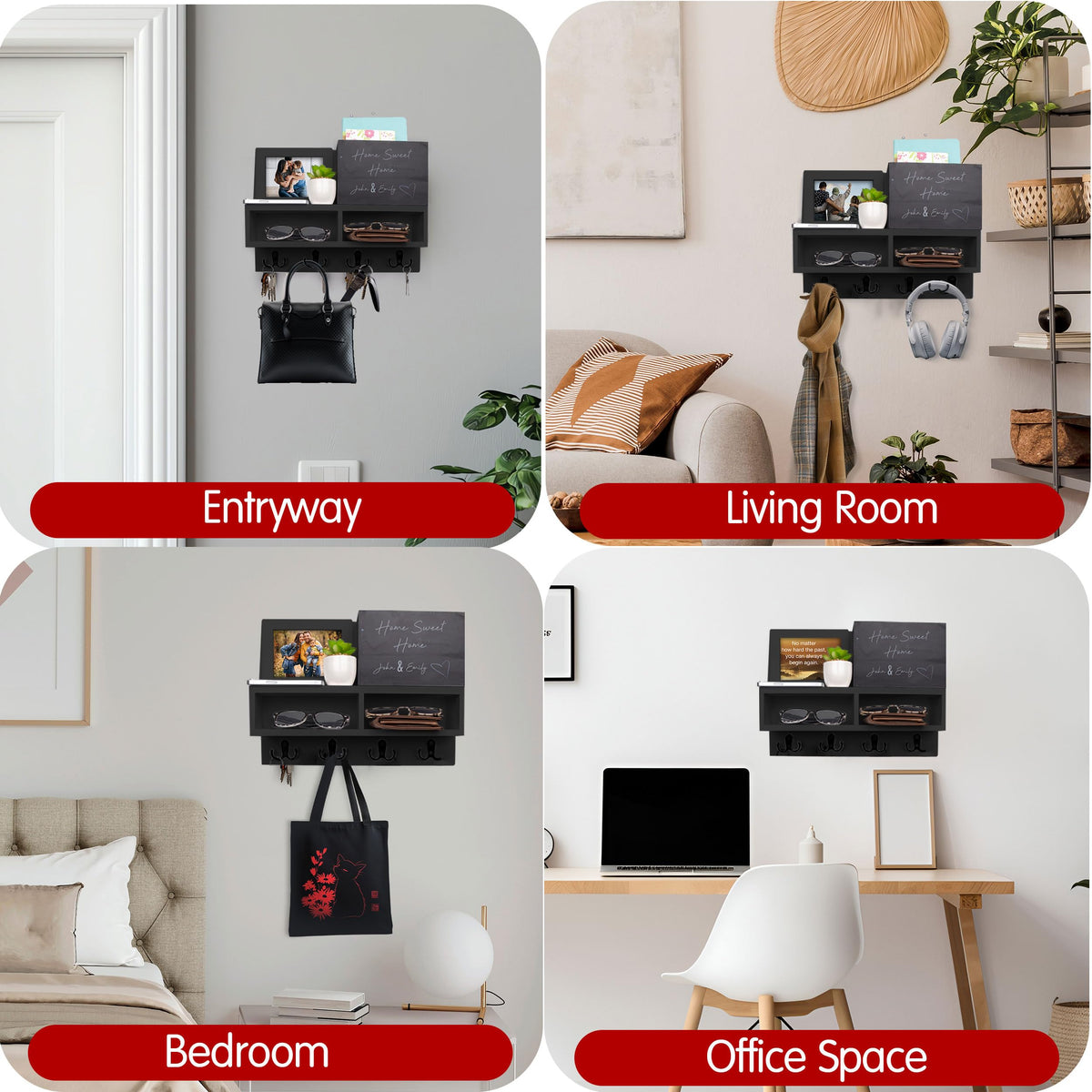 Spacelog Key and Mail Holder for Wall with Chalkboard – Magnetic Photo Frame Key Holder Wall Mount, Black, Dual Storage & Cupboards Mail and Key Organizer for Wall