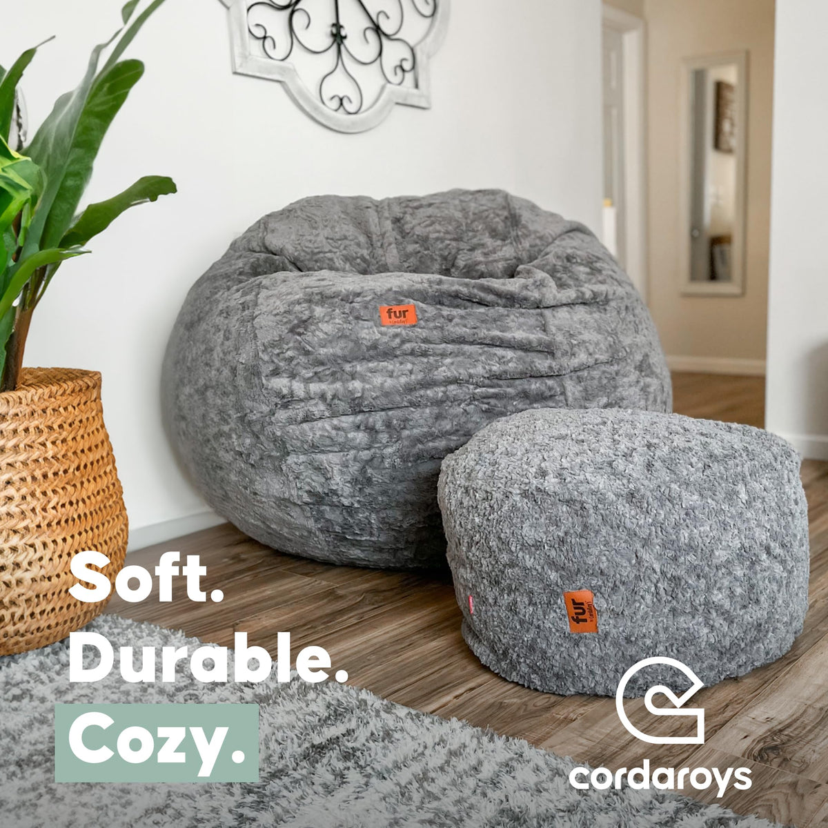CordaRoy's Faux Fur Bean Bag Chair, Convertible Chair Folds from Bean Bag to Lounger, As Seen on Shark Tank, Grey - King Size