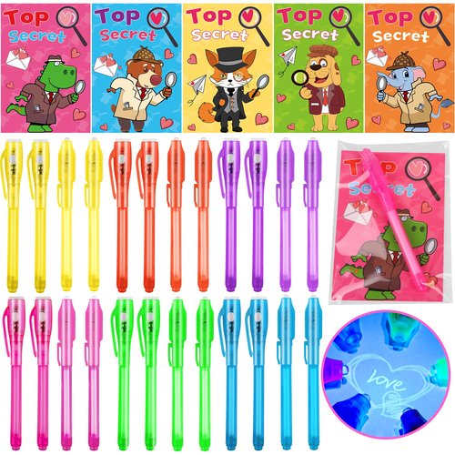 FLYSNK 24 Pack Valentines Day Gifts for Kids Classroom Invisible Ink Spy Pen with Animal Themed Cards Party Favors for School Exchange & Prizes for Boys Girls