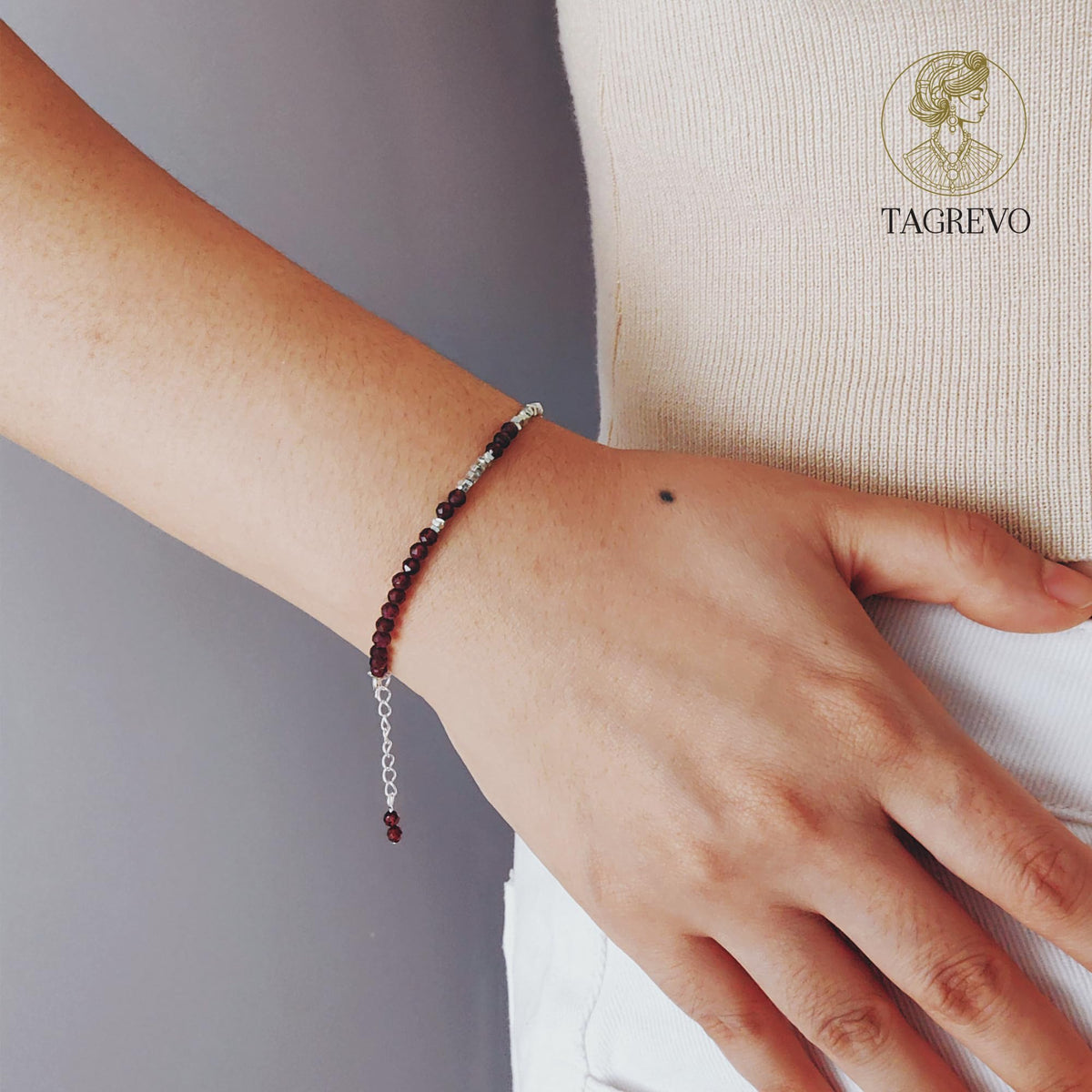 TAGREVO Natural Garnet Crystal Cut Bead Bracelet, 925 Silver Faceted Gemstone Jewelry for Women, Handmade Chakra Design Gift for Birthday Christmas Daily Wear
