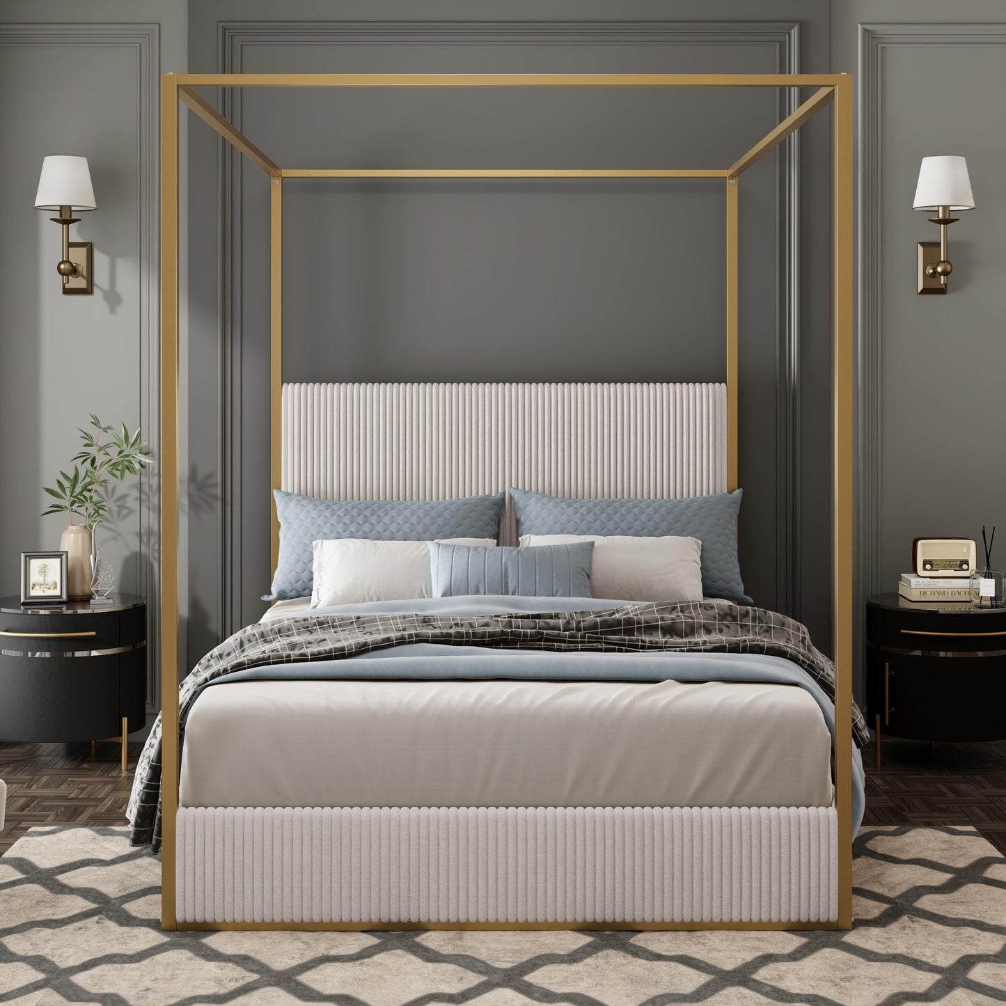 Merax Modern Luxury King Metal Canopy Bed with Tall Upholstered Headboard, Gold Four Poster Bed, No Box Spring Needed, Beige