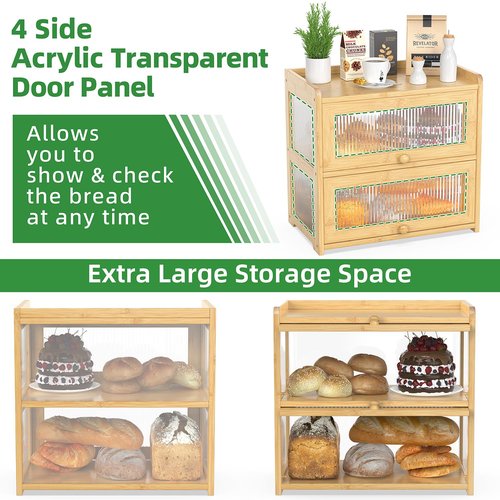 BAMBANG Extra Large Bamboo Bread Box for Kitchen Counter, Double Layer Bread Storage Container Farmhouse Bread Box with 4 Sides Transparency, Breadbox Bin Holder for Homemade Bread, Natural