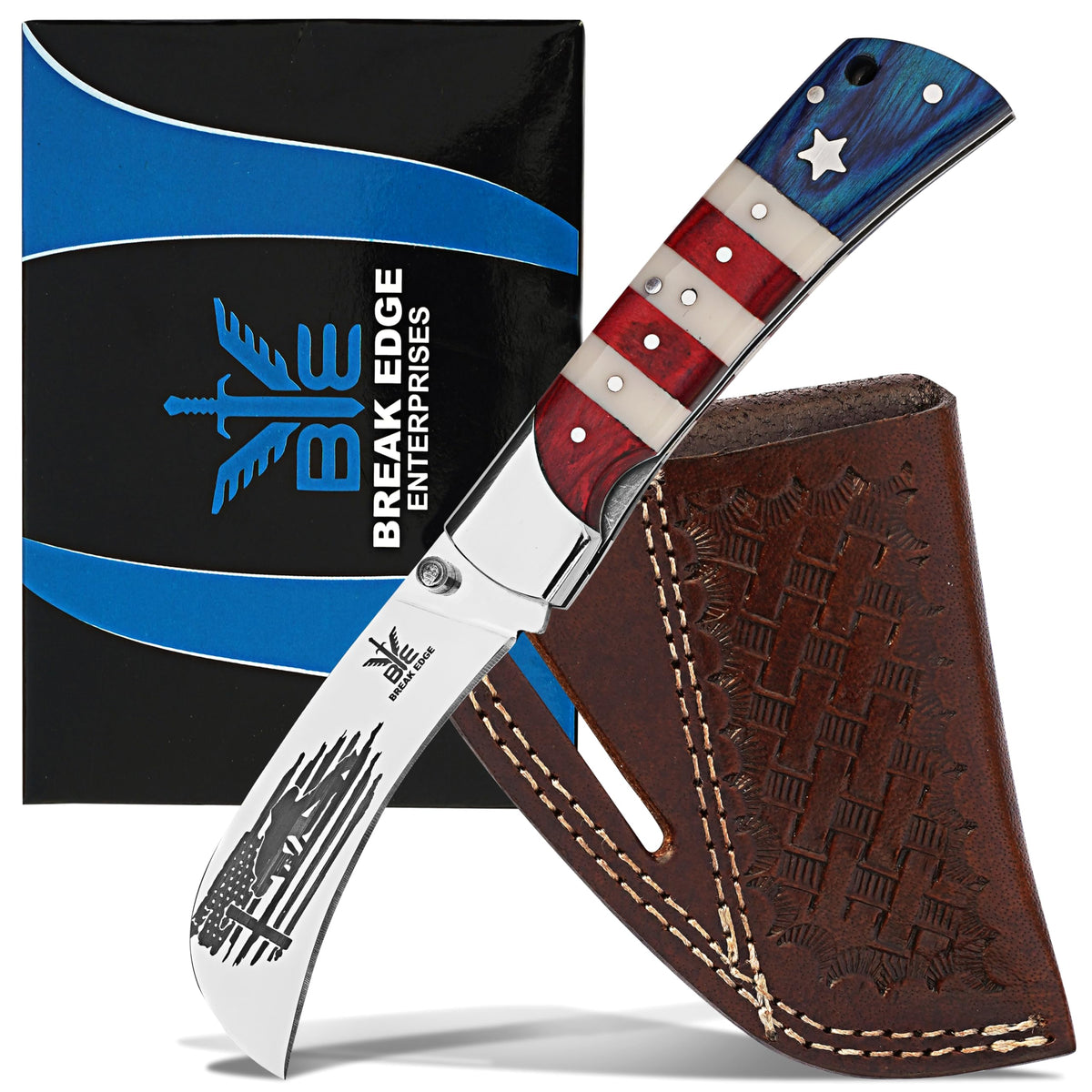 BE BREAK EDGE Hawkbill Knife,Folding Pocket Knife with Curved Blade, Lineman Tools, Stainless Steel construction. (White,Red and Blue)