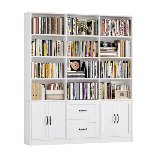 HOSTACK 71" Tall Triple Wide Bookshelf with Doors & Drawers, Modern Wood Bookcase for Storage, 6-Tier Large Bookcase with Display Shelves, Space-Saving Bookshelf for Living Room, Home Office, White
