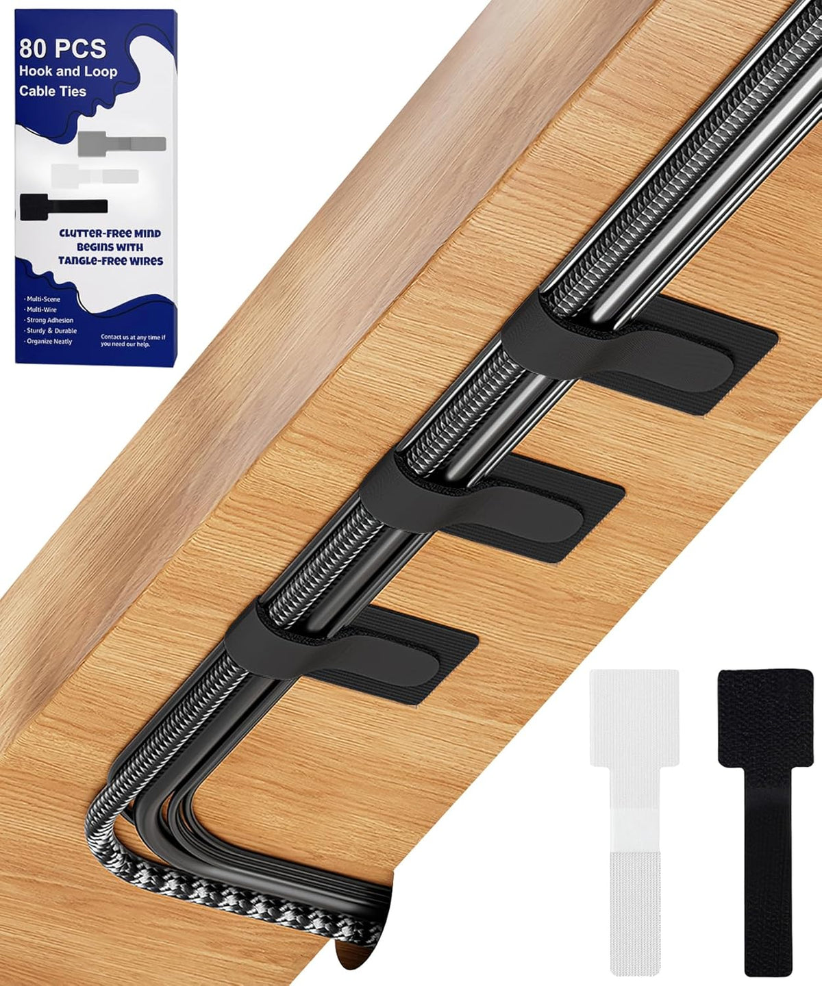 BTPIEL 80PCS Hook and Loop Cable Ties, Under Desk Cable Management, Adhesive Cable Straps, Cord Management Hider Idea