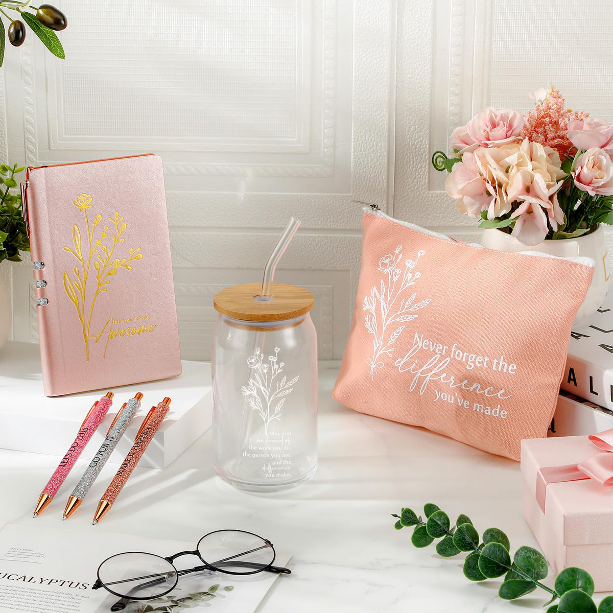 Funnymoom 6 Pcs Appreciation Gifts Set for Women 17oz Aesthetic Glass Tumbler Makeup Bag Journal Ballpoint for Mother's Day Teacher Appreciation 2026 Graduation Volunteer Assistant Secretary Gift