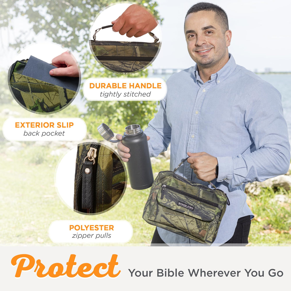 Christian Art Gifts Stand Firm Oak Moss Camo Poly-Canvas Organizer Bible Cover - 1 Corinthians 16:13, Large
