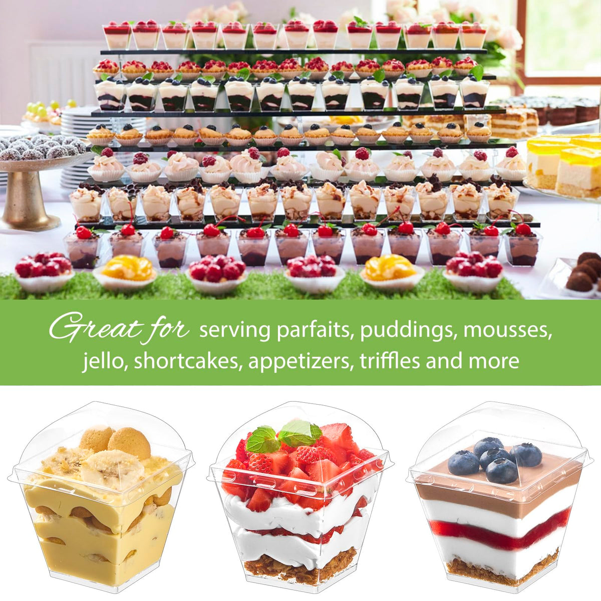 Zezzxu 50 Pack 7 oz Square Dessert Cups with Dome Lids and Spoons, Plastic Pudding Cups with Lids Mini Parfait Shooter Cups for Party Individual Banana Pudding Jello Yogurt Fruit Trifle