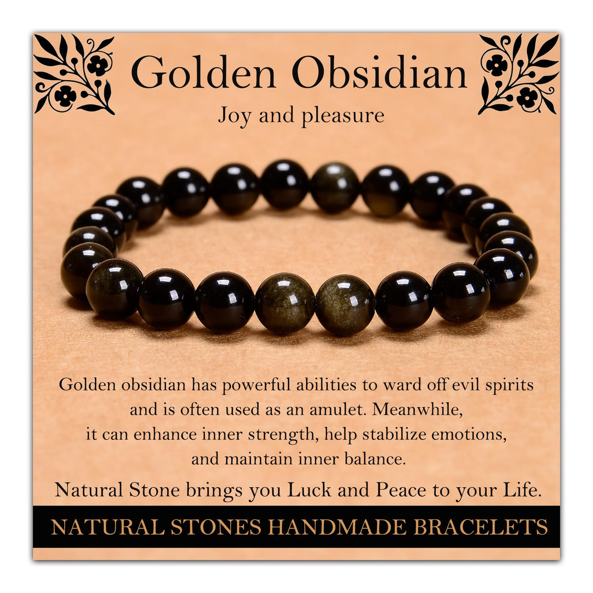 Handmade Natural Gemstone Elastic Bracelet - Healing Crystal Beads Jewelry, Unisex (Golden Obsidian, 8mm)
