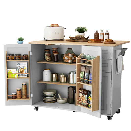 HLR Kitchen Island with Storage, Grey Rolling Kitchen Island on Wheels with Drop-Leaf Bar Countertop, Prep Table with Side Open Spice Rack and Tower Rack, Home Bar Carts with Storage