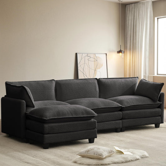 ROWHY 112'' Sectional Cloud Couch with Movable Ottoman, 4 Seat Modern Chenille Modular Sofa with 2 Throw Pillows, Deep Seat L Shaped Couch for Living Room Bedroom Apartment, Dark Grey